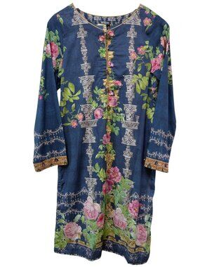 ETHNIC BY OUTFITTERS Tunic Top XS Blue Statement Roses w/ Columns Print Cotton
